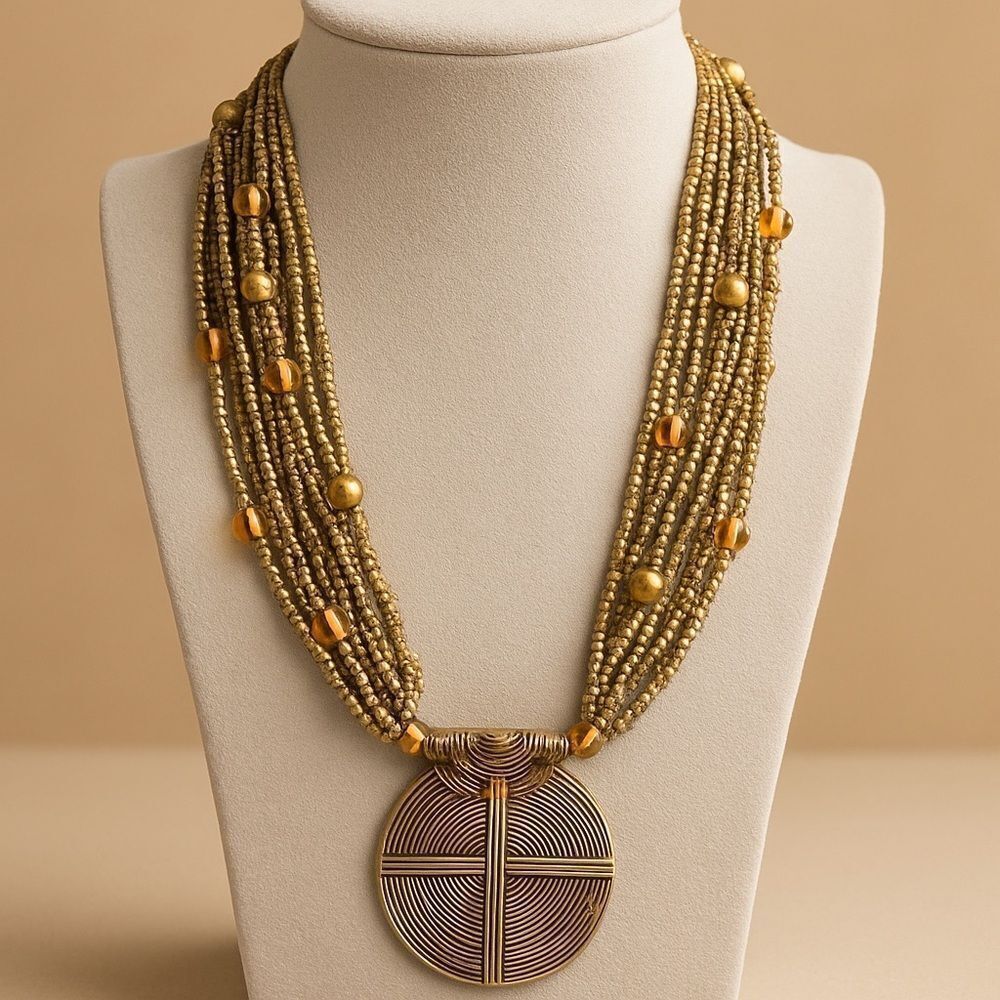 Vintage Gold Tone Seed Bead Necklace Revival Egyptian Statement 24”